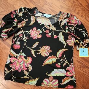 CeCe Black Floral Scoop Neck Short Sleeve Top